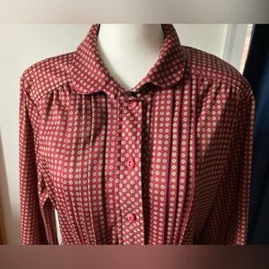 Vintage Long Sleeve Red Dress with Multi-Color Pattern (Size 10, 12, L, XL)